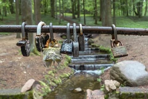 Wedding tradition padlocks on a railing in nature for marriage concept and .. Stockfoto's