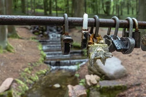 Wedding tradition padlocks on a railing in nature for marriage concept and .. Stockfoto's