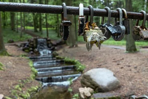 Wedding tradition padlocks on a railing in nature for marriage concept and .. Stock Photos