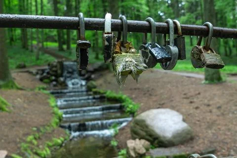 Wedding tradition padlocks on a railing in nature for marriage concept and .. Stock Photos