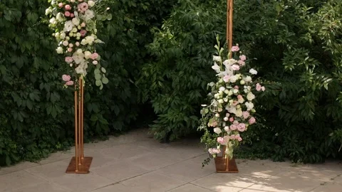 Wedding In The Tree Shade. Geometric Arch Is Ready For The Ceremony. Stock Footage 123702816