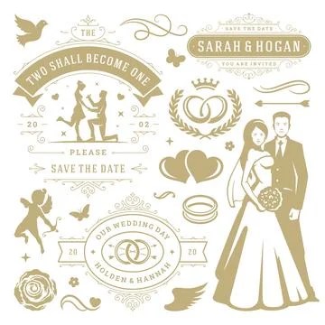 Wedding vector design elements and objects set. 스톡 일러스트