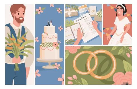 Wedding vector flat illustrations. Groom, bride in white wedding dress, wedding Stock Illustration