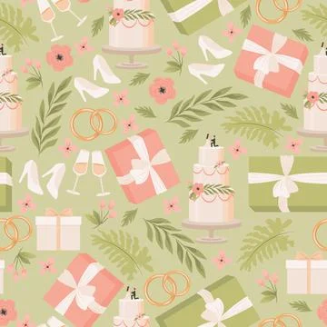 Wedding vector flat seamless pattern. Bride white shoes, gift boxes, wedding Stock Illustration