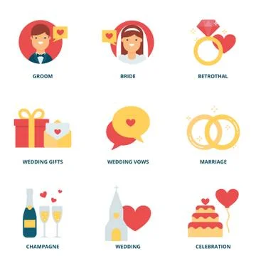 Wedding vector icons set, flat style Stock Illustration