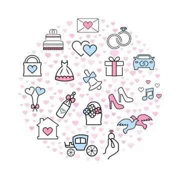 Wedding vector icons in thin line style. Stock Illustration