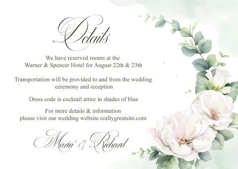Wedding vector invitation card template. Watercolor white roses, eucalyptus and Stock Illustration