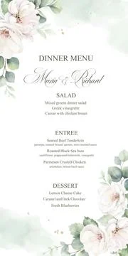 Wedding vector invitation card template. Watercolor white roses, eucalyptus and Stock Illustration