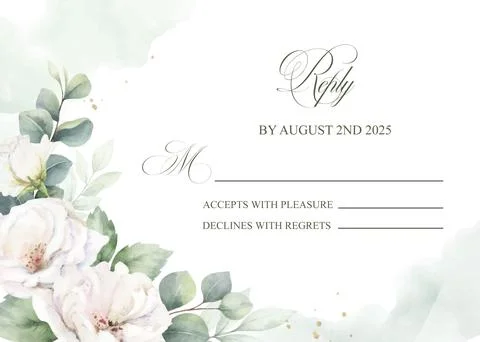 Wedding vector invitation card template. Watercolor white roses, eucalyptus and Stock Illustration