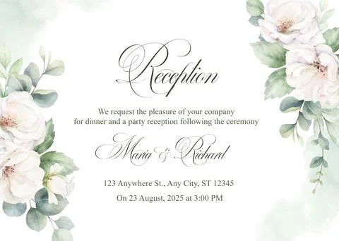 Wedding vector invitation card template. Watercolor white roses, eucalyptus and Stock Illustration