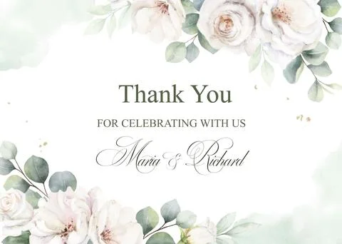 Wedding vector invitation card template. Watercolor white roses, eucalyptus and Stock Illustration