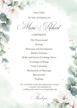 Wedding vector invitation card template. Watercolor white roses, eucalyptus and Stock Illustration