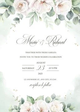 Wedding vector invitation card template. Watercolor white roses, eucalyptus and Stock Illustration