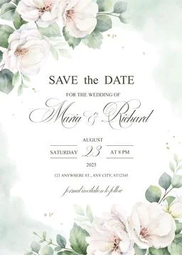 Wedding vector invitation card template. Watercolor white roses, eucalyptus and Illustrazione stock
