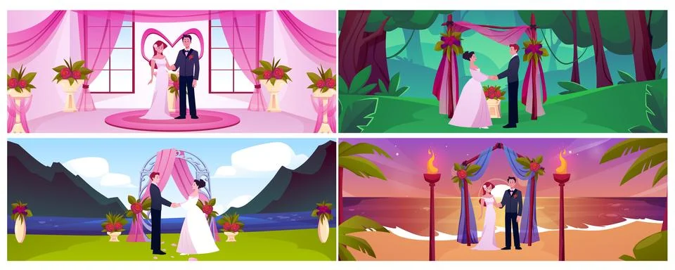 Wedding venue vector illustrations set, newlywed couple marriage ceremony on Stock Illustration