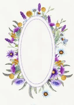 Wedding vertical frame of wild flowers. Watercolor. Flower arrangement. Greeting Stock Illustration