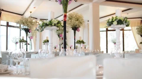 Wedding Very Nicely Decorated Table in Modern Style. Beautiful Flowers on Table Stock Footage 65329873