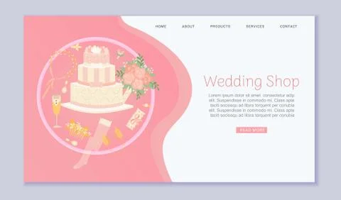 Wedding web store accessories, flower bouquets and wedding cake, shop template Stock Illustration