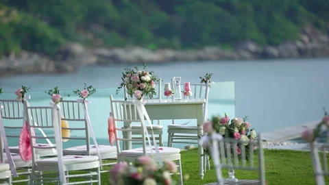 Wedding white arch setting ceremony decoration.  Stock Footage 156397015