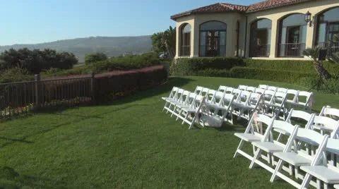 Wedding white chairs on the grass close to building 스톡 동영상 12109287