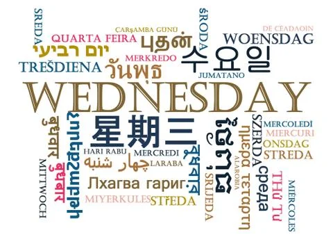 Wednesday multilanguage wordcloud background concept Stock Illustration