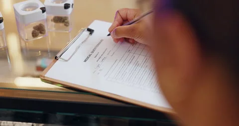 Weed, hands and person with document, writing and apply for medical card Video stock 274331735