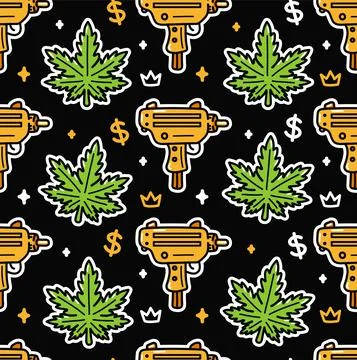 Weed leafs and gold submachine gun seamless pattern. Vector cartoon illustration Illustrazione stock