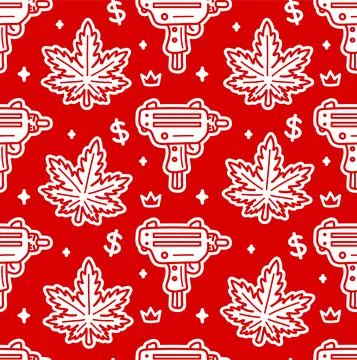 Weed leafs and submachine gun red seamless pattern. Vector cartoon illustration Stock Illustration