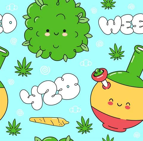 Weed marijuana seamless pattern. Vector flat cartoon kawaii character Stock Illustration