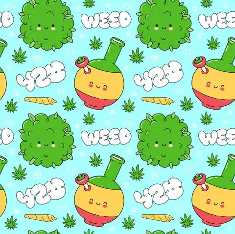 Weed marijuana seamless pattern. Vector flat cartoon kawaii character Illustrazione stock