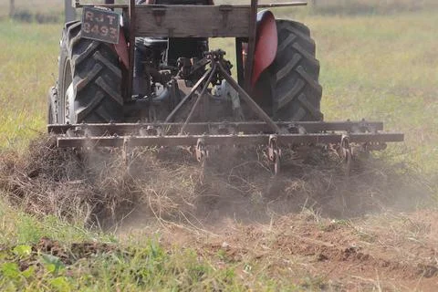 Weeding and plowing with the help of field plow with Massey tractor Stock Photos