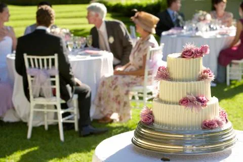 Weeding Cake With Guests In Background Fotos de archivo