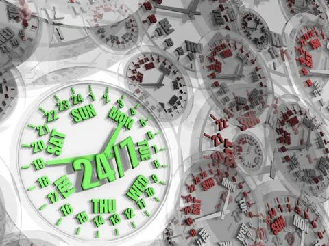 Week clock. Full-time service 24/7, clock working time 24 hours 7 days Stock Illustration