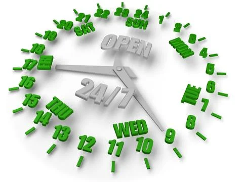 Week clock. Open 24/7, working time 24 hours and 7 days. around the clock Stock Photos