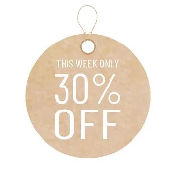 This week only 30 % off. Blank gift tag label for sale prices. Texture of rea Stock Illustration