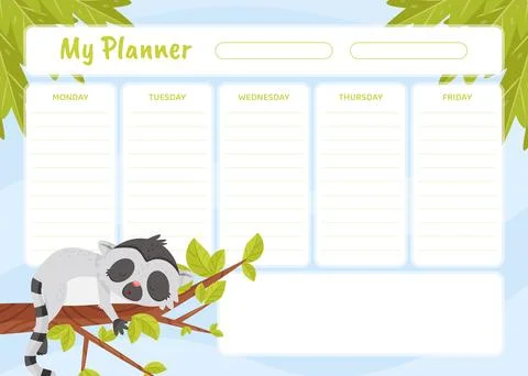 Week Planner with Cute Lemur Funny Exotic Animal Snore on Tree Branch Vector Stock Illustration