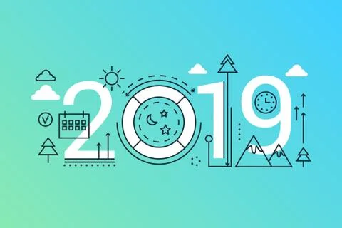 Weekend 2019 word trendy composition concept banner. Outline stroke holidays Stock-Illustration