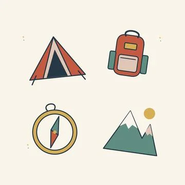 Weekend camping trip with tent and backpack. Decorative flat vector compositi Illustrazione stock