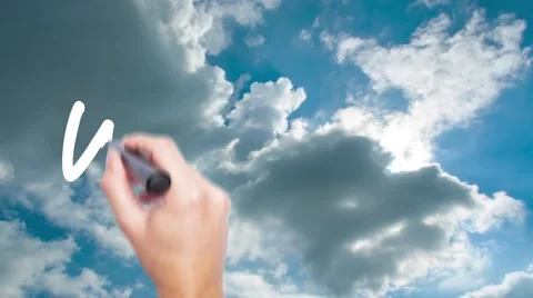 Weekend - concept with hand writing on the sky. Man writing. Blue sky with cl Stock Footage