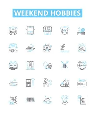 Weekend hobbies vector line icons set. Gardening, Hiking, Fishing, Swimming Stock Illustration