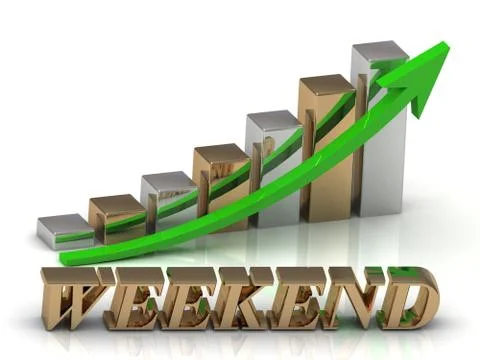 WEEKEND- inscription of gold letters and Graphic growth and gold arrows on wh Stock Illustration