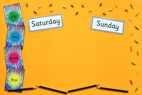 Weekend learning flatlay on yellow background. Stock Photos