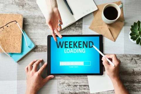 Weekend loading status bar message on device screen. Stock Photos