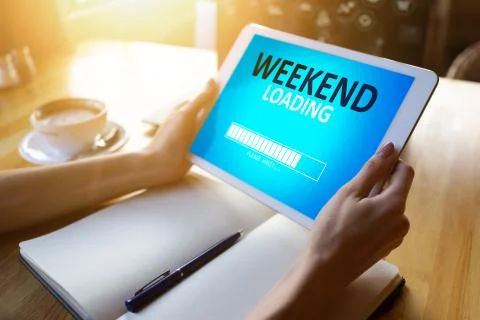 Weekend loading status bar message on device screen. Fotos Stock