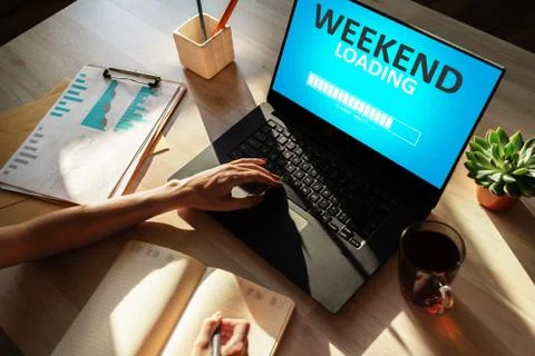 Weekend loading status bar message on device screen. 스톡 사진
