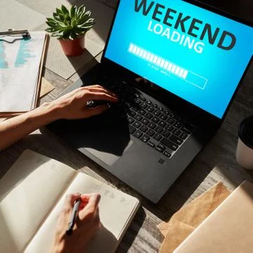 Weekend loading status bar message on device screen. Stock Photos
