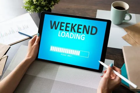 Weekend loading status bar message on device screen Stock Photos