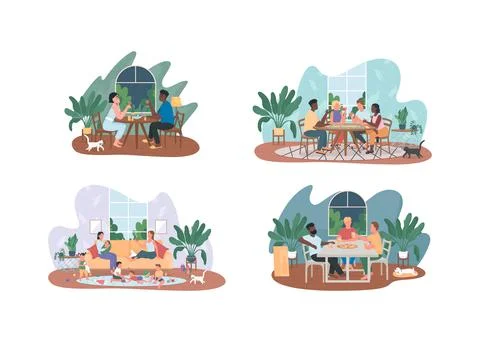 Weekends entertainment at home 2D vector web banner, poster set Stock Illustration