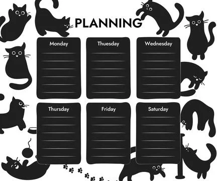 Weekly class schedule template for learning or working with funny black cats Stock Illustration