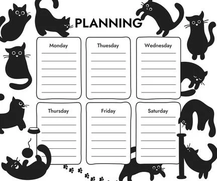 Weekly class schedule template for learning or working with funny black cats Stock Illustration